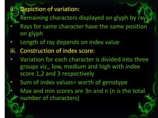 ii. Depiction of variation:
• Remaining characters displayed on glyph by rays
• Rays for same character have the same position
on glyph
• Length of ray depends on index value
iii. Construction of index score:
• Variation for each character is divided into three
groups viz., low, medium and high with index
score 1,2 and 3 respectively
• Sum of index values= worth of genotype
• Max and min scores are 3n and n (n is the total
number of characters)
18
 