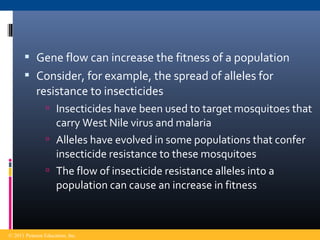  Gene flow can increase the fitness of a population
 Consider, for example, the spread of alleles for
resistance to insecticides
 Insecticides have been used to target mosquitoes that
carry West Nile virus and malaria
 Alleles have evolved in some populations that confer
insecticide resistance to these mosquitoes
 The flow of insecticide resistance alleles into a
population can cause an increase in fitness
© 2011 Pearson Education, Inc.
 