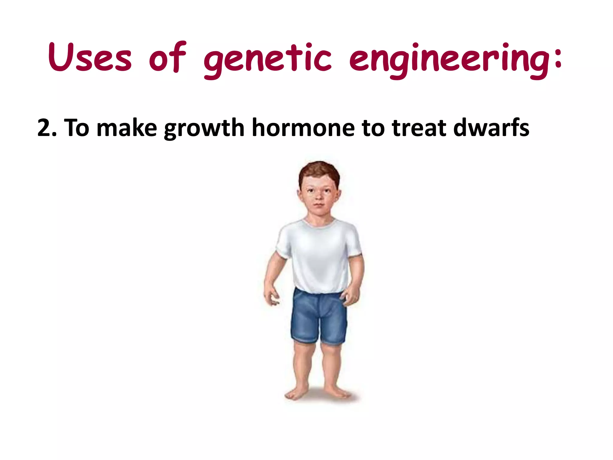 Uses of genetic engineering:
2. To make growth hormone to treat dwarfs
 