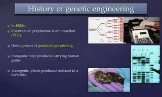  In 1980s:
 invention of polymerase chain reaction
(PCR).
 Development of genetic fingerprinting.
 transgenic mice produced carrying human
genes.
 transgenic plants produced resistant to a
herbicide.
History of genetic engineering
 