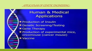 . APPLICATI0NS OF GENETIC ENGINEERING:-
 