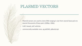PLASMID VECTORS
– Plasmid vectors are used to clone DNA ranging in size from several base pairs to
several thousands of base pairs (100bp -10kb).
– ColE1 based, pUC vehicles
– commercially available ones, eg pGEM3, pBlueScript
 