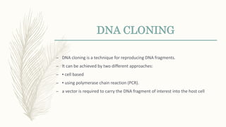 DNA CLONING
– DNA cloning is a technique for reproducing DNA fragments.
– It can be achieved by two different approaches:
– ▪ cell based
– ▪ using polymerase chain reaction (PCR).
– a vector is required to carry the DNA fragment of interest into the host cell
 