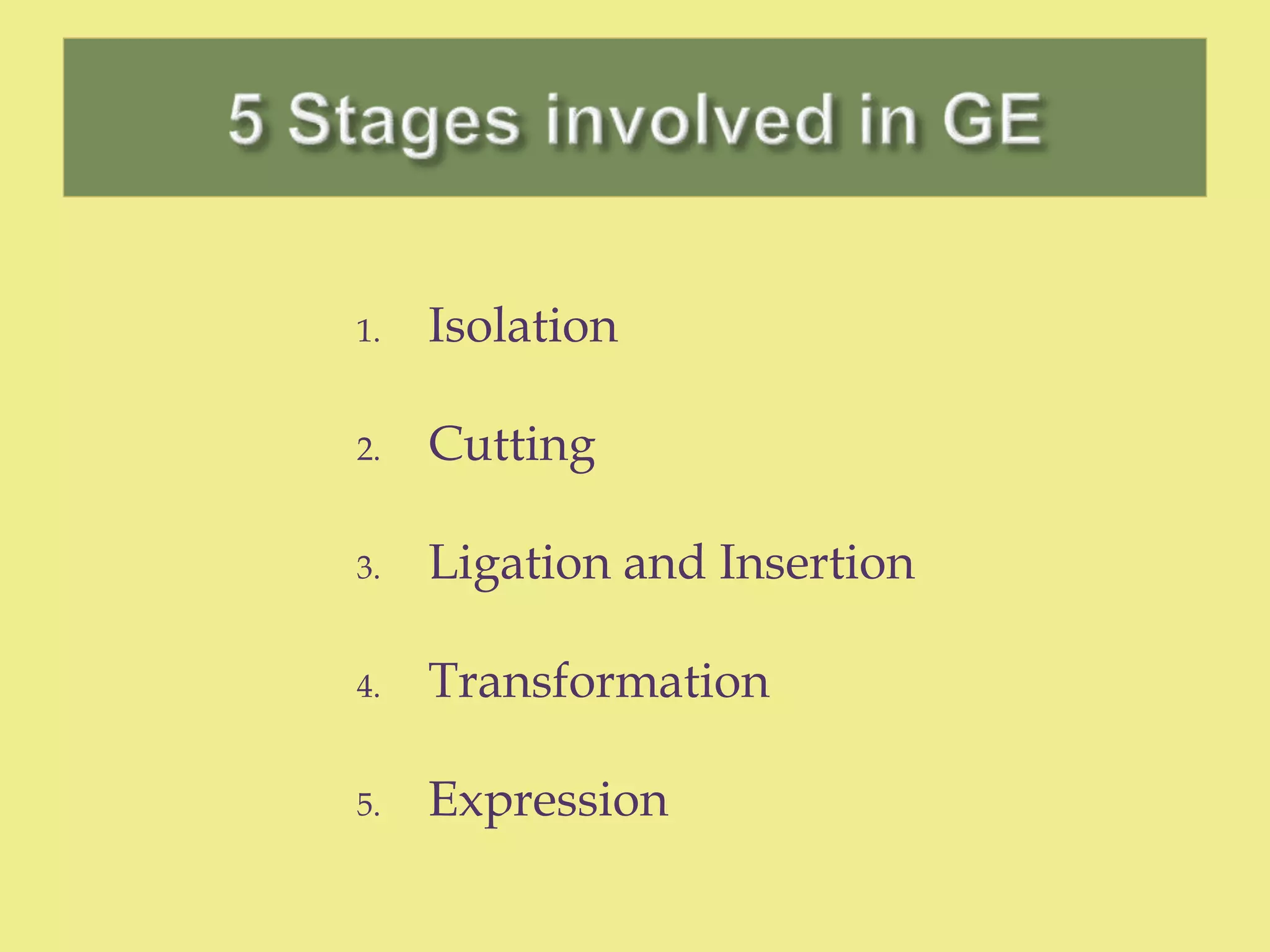 1. Isolation
2. Cutting
3. Ligation and Insertion
4. Transformation
5. Expression
 