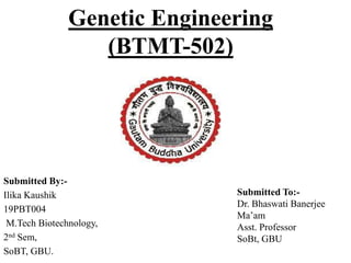 Genetic Engineering
(BTMT-502)
Submitted By:-
Ilika Kaushik
19PBT004
M.Tech Biotechnology,
2nd Sem,
SoBT, GBU.
Submitted To:-
Dr. Bhaswati Banerjee
Ma’am
Asst. Professor
SoBt, GBU
 