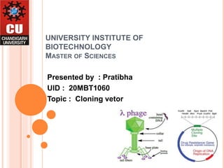 UNIVERSITY INSTITUTE OF
BIOTECHNOLOGY
MASTER OF SCIENCES
Presented by : Pratibha
UID : 20MBT1060
Topic : Cloning vetor
 