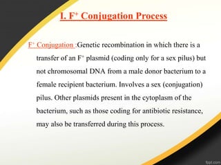 F+ Conjugation :Genetic recombination in which there is a
transfer of an F+ plasmid (coding only for a sex pilus) but
not chromosomal DNA from a male donor bacterium to a
female recipient bacterium. Involves a sex (conjugation)
pilus. Other plasmids present in the cytoplasm of the
bacterium, such as those coding for antibiotic resistance,
may also be transferred during this process.
I. F+ Conjugation Process
 