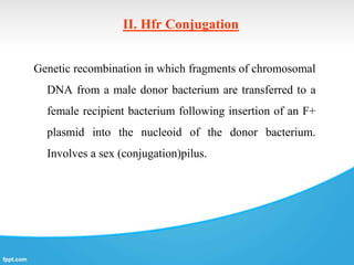 II. Hfr Conjugation
Genetic recombination in which fragments of chromosomal
DNA from a male donor bacterium are transferred to a
female recipient bacterium following insertion of an F+
plasmid into the nucleoid of the donor bacterium.
Involves a sex (conjugation)pilus.
 