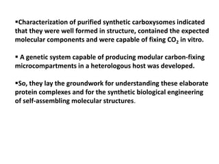 Characterization of purified synthetic carboxysomes indicated
that they were well formed in structure, contained the expected
molecular components and were capable of fixing CO2 in vitro.
 A genetic system capable of producing modular carbon-fixing
microcompartments in a heterologous host was developed.
So, they lay the groundwork for understanding these elaborate
protein complexes and for the synthetic biological engineering
of self-assembling molecular structures.
 