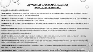 ADVANTAGES AND DISADVANTAGES OF
RADIOACTIVE LABELLING
ADVANTAGES OF RADIOACTIVE LABELING OF DNA:
1. HIGH SENSITIVITY: RADIOACTIVE ISOTOPES EMIT RADIATION THAT CAN BE EASILY DETECTED USING AUTORADIOGRAPHY OR SCINTILLATION COUNTING,
ALLOWING FOR SENSITIVE DETECTION OF LOW AMOUNTS OF DNA.
2. VERSATILITY: RADIOACTIVE ISOTOPES CAN BE INCORPORATED INTO DNA USING VARIOUS METHODS, SUCH AS NICK TRANSLATION, RANDOM PRIMING, OR
PCR, PROVIDING FLEXIBILITY IN LABELING DIFFERENT TYPES OF DNA SAMPLES.
3. LONGEVITY: RADIOACTIVE LABELS HAVE A LONG HALF-LIFE, ALLOWING FOR PROLONGED DETECTION AND STORAGE OF LABELED DNA SAMPLES WITHOUT
SIGNIFICANT DECAY.
4. QUANTITATIVE ANALYSIS: RADIOACTIVE LABELING FACILITATES QUANTITATIVE ANALYSIS, ENABLING RESEARCHERS TO MEASURE THE AMOUNT OF LABELED
MOLECULES ACCURATELY, WHICH IS CRUCIAL FOR STUDYING KINETICS, METABOLIC PATHWAYS, AND PROTEIN-PROTEIN INTERACTIONS.
DISADVANTAGES OF RADIOACTIVE LABELING OF DNA:
1. SAFETY CONCERNS: RADIOACTIVE ISOTOPES POSE HEALTH RISKS DUE TO THEIR IONIZING RADIATION, REQUIRING SPECIAL HANDLING PROCEDURES,
PROTECTIVE EQUIPMENT, AND DISPOSAL PROTOCOLS TO MINIMIZE EXPOSURE TO RESEARCHERS.
2. REGULATORY REQUIREMENTS: THE USE OF RADIOACTIVE MATERIALS IN RESEARCH IS SUBJECT TO STRICT REGULATIONS AND LICENSING REQUIREMENTS,
ADDING ADMINISTRATIVE BURDENS AND COSTS TO EXPERIMENTS.
3. SHORT SHELF-LIFE: RADIOACTIVE ISOTOPES HAVE A LIMITED SHELF-LIFE DUE TO THEIR DECAY PROPERTIES, REQUIRING FREQUENT PROCUREMENT AND
REPLACEMENT OF LABELING REAGENTS.
4. ENVIRONMENTAL IMPACT: RADIOACTIVE WASTE GENERATED DURING EXPERIMENTS MUST BE PROPERLY MANAGED AND DISPOSED OF TO PREVENT
 