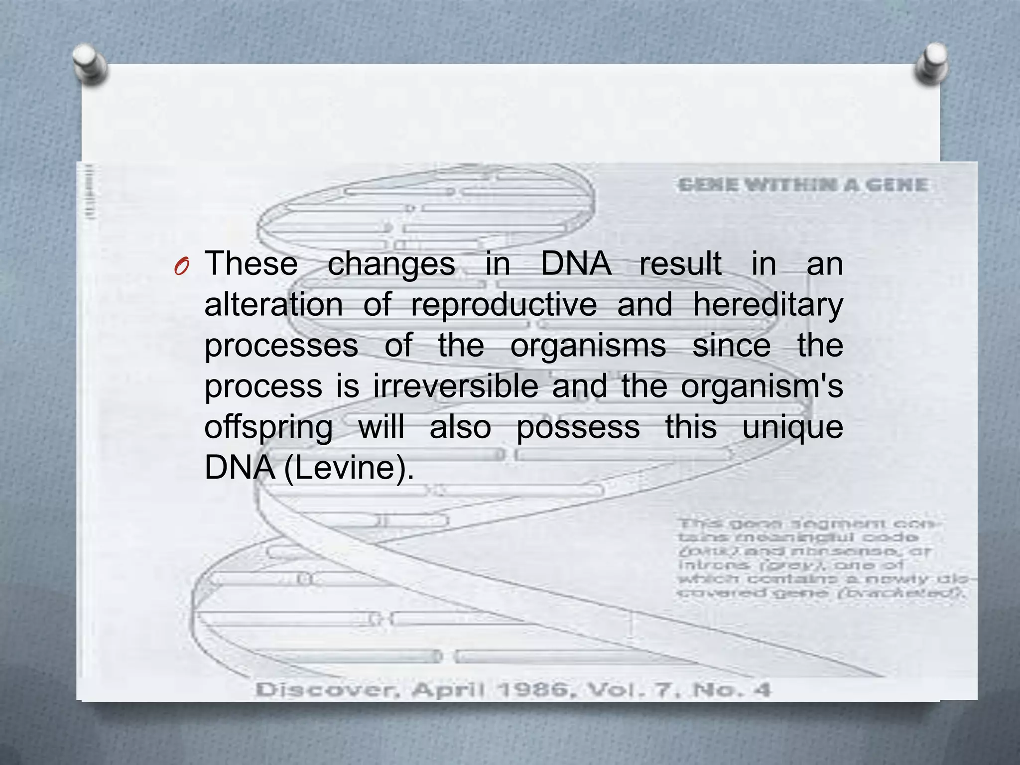 O These changes     in DNA result in an
 alteration of reproductive and hereditary
 processes of the organisms since the
 process is irreversible and the organism's
 offspring will also possess this unique
 DNA (Levine).
 