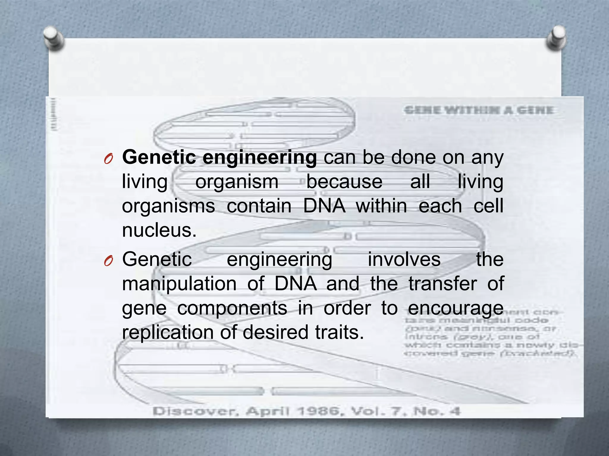 O Genetic engineering can be done on any
  living organism because all living
  organisms contain DNA within each cell
  nucleus.
O Genetic      engineering       involves the
  manipulation of DNA and the transfer of
  gene components in order to encourage
  replication of desired traits.
 