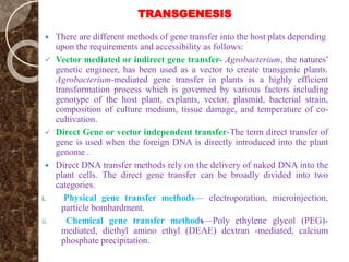 TRANSGENESIS
 There are different methods of gene transfer into the host plats depending
upon the requirements and accessibility as follows:
 Vector mediated or indirect gene transfer- Agrobacterium, the natures’
genetic engineer, has been used as a vector to create transgenic plants.
Agrobacterium-mediated gene transfer in plants is a highly efficient
transformation process which is governed by various factors including
genotype of the host plant, explants, vector, plasmid, bacterial strain,
composition of culture medium, tissue damage, and temperature of co-
cultivation.
 Direct Gene or vector independent transfer-The term direct transfer of
gene is used when the foreign DNA is directly introduced into the plant
genome .
 Direct DNA transfer methods rely on the delivery of naked DNA into the
plant cells. The direct gene transfer can be broadly divided into two
categories.
i. Physical gene transfer methods— electroporation, microinjection,
particle bombardment.
ii. Chemical gene transfer methods—Poly ethylene glycol (PEG)-
mediated, diethyl amino ethyl (DEAE) dextran -mediated, calcium
phosphate precipitation.
 