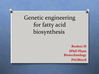 Genetic engineering
for fatty acid
biosynthesis
Roshni.M
IPhD Plant
Biotechnology
PALB6078
 