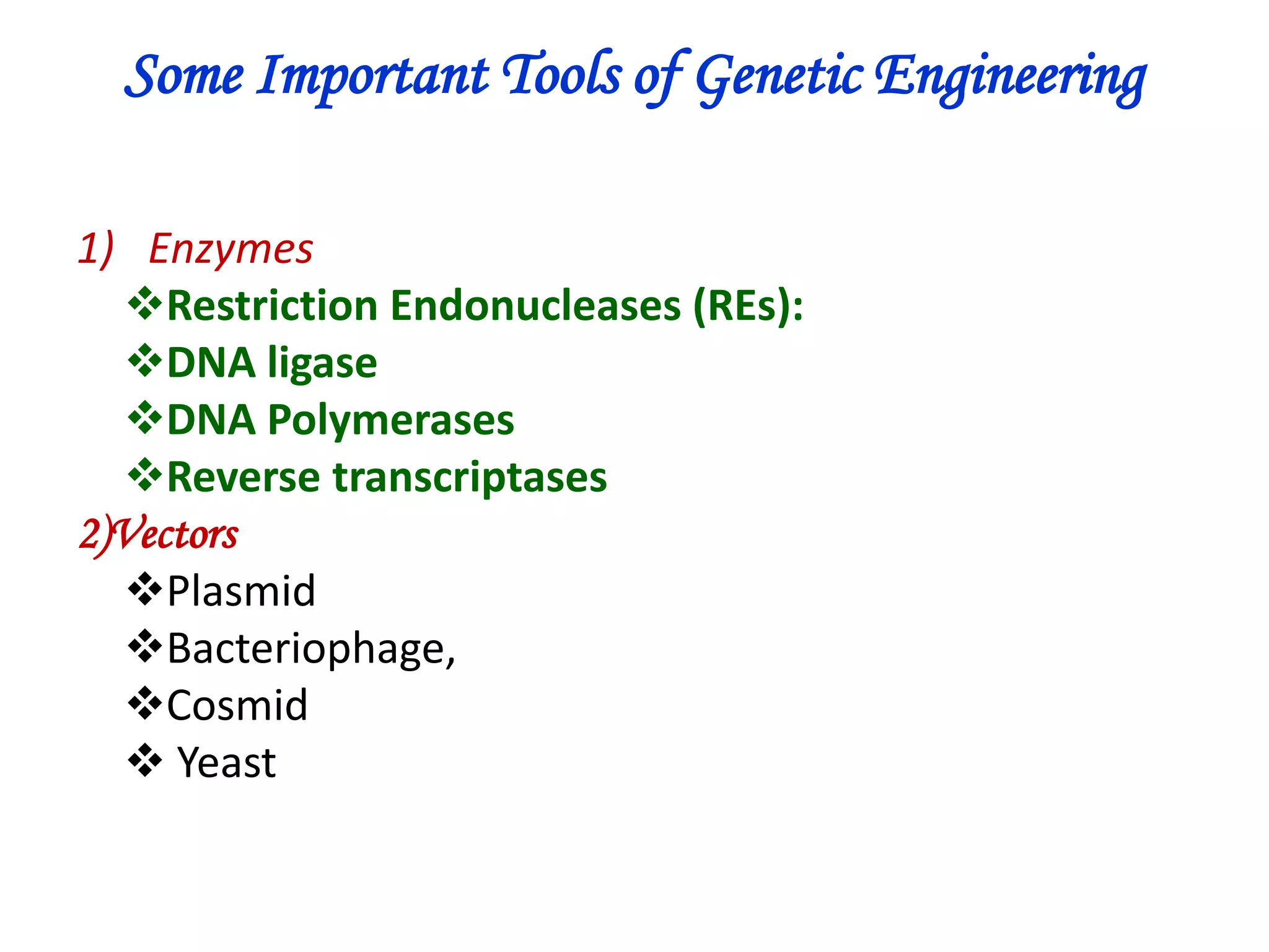 Some Important Tools of Genetic Engineering
1) Enzymes
Restriction Endonucleases (REs):
DNA ligase
DNA Polymerases
Reverse transcriptases
2)Vectors
Plasmid
Bacteriophage,
Cosmid
 Yeast

 