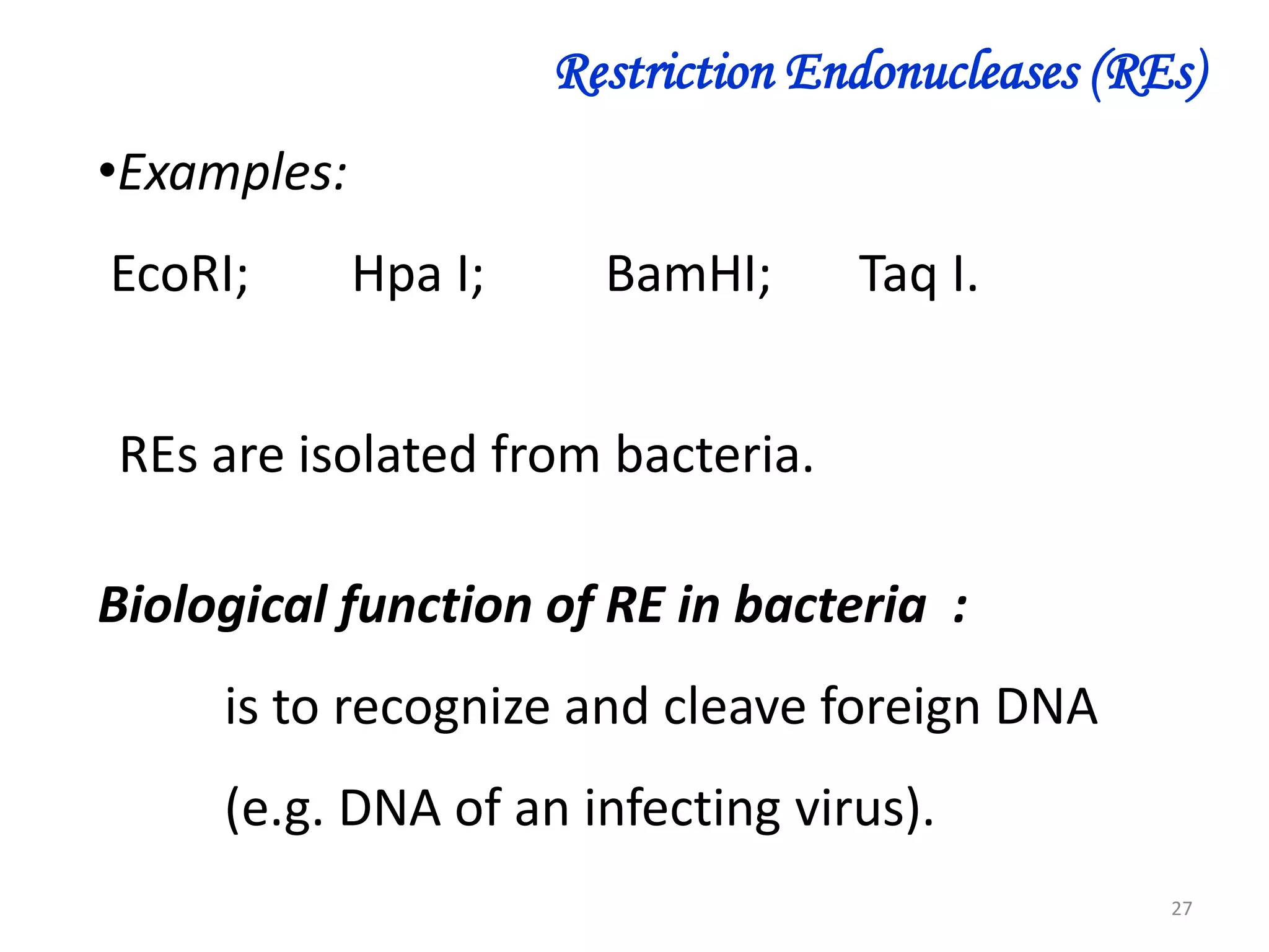Restriction Endonucleases (REs)
•Examples:
EcoRI;

Hpa I;

BamHI;

Taq I.

REs are isolated from bacteria.
Biological function of RE in bacteria :
is to recognize and cleave foreign DNA
(e.g. DNA of an infecting virus).
27

 