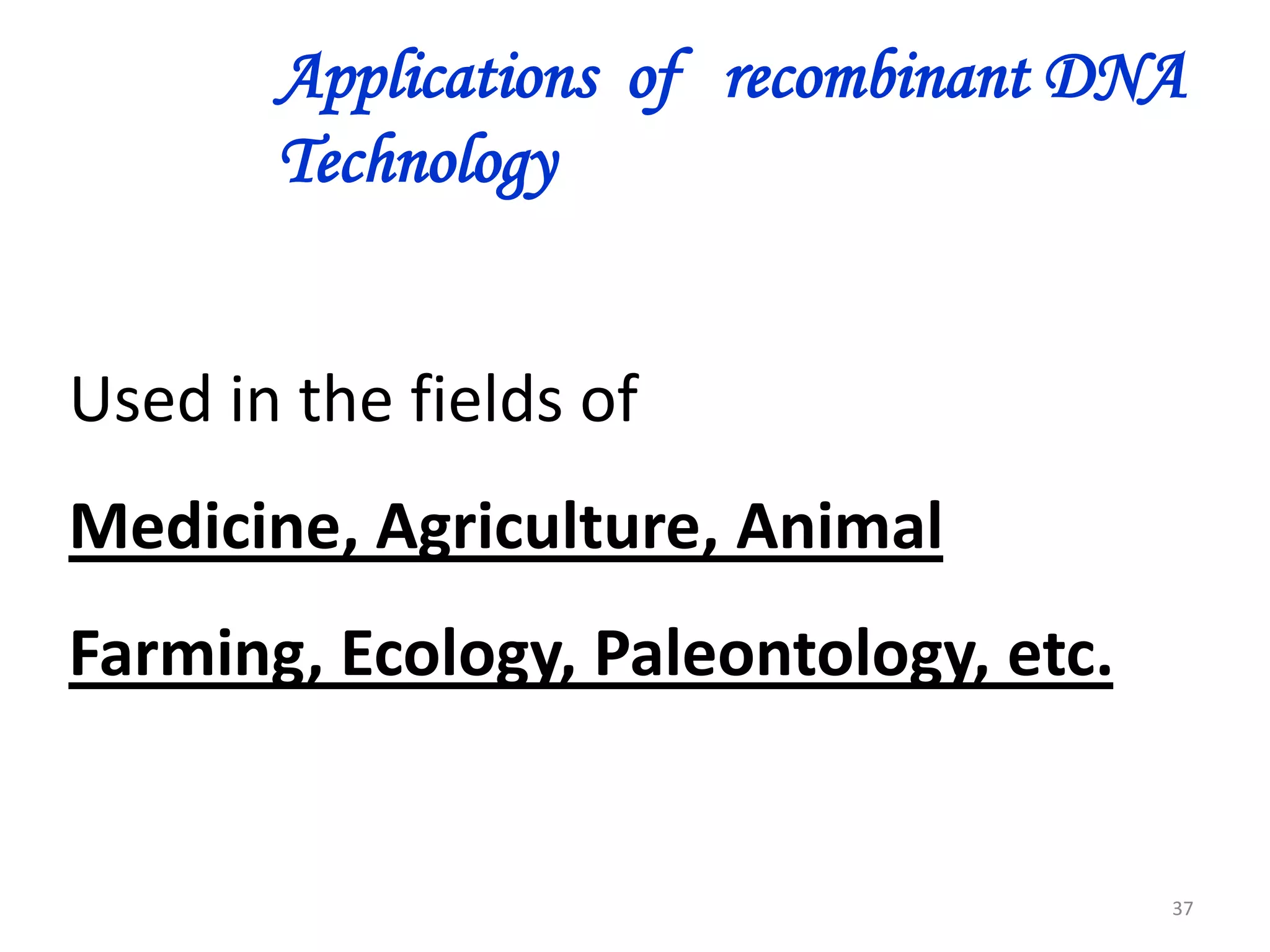 Applications of recombinant DNA
Technology

Used in the fields of
Medicine, Agriculture, Animal

Farming, Ecology, Paleontology, etc.

37

 