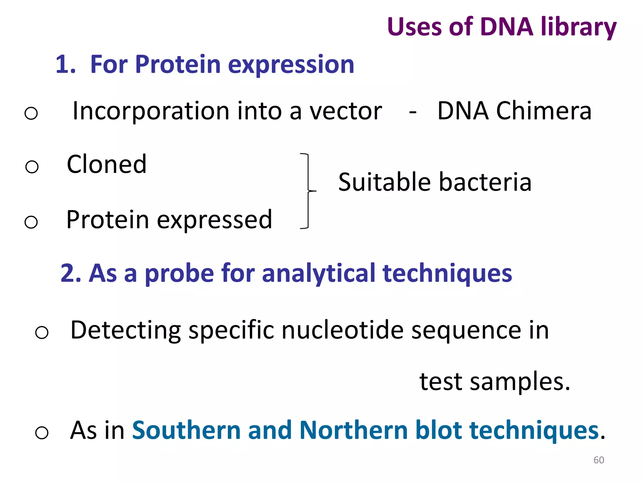 Uses of DNA library

1. For Protein expression
o

Incorporation into a vector - DNA Chimera

o Cloned

Suitable bacteria

o Protein expressed

2. As a probe for analytical techniques
o Detecting specific nucleotide sequence in

test samples.
o As in Southern and Northern blot techniques.
60

 