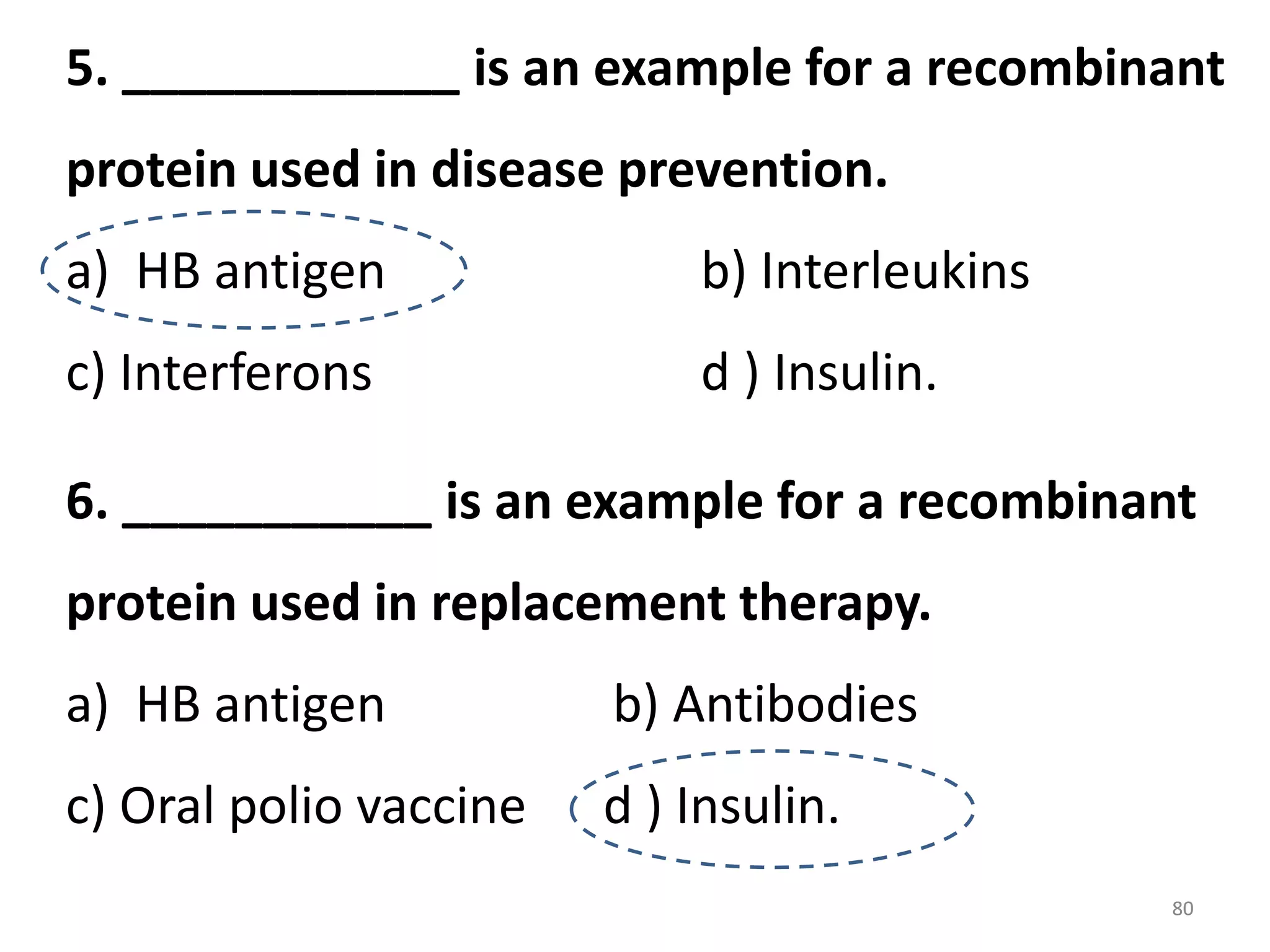 5. ____________ is an example for a recombinant
protein used in disease prevention.
a) HB antigen

b) Interleukins

c) Interferons

d ) Insulin.

. ___________ is an example for a recombinant
6.
protein used in replacement therapy.

a) HB antigen

b) Antibodies

c) Oral polio vaccine

d ) Insulin.
80

 