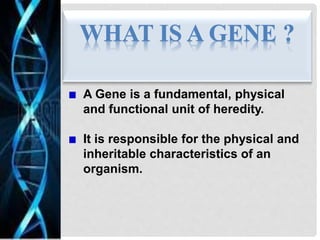 WHAT IS A GENE ?
A Gene is a fundamental, physical
and functional unit of heredity.
It is responsible for the physical and
inheritable characteristics of an
organism.
 