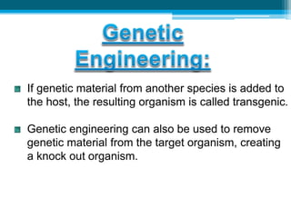 If genetic material from another species is added to
the host, the resulting organism is called transgenic.
Genetic engineering can also be used to remove
genetic material from the target organism, creating
a knock out organism.
 