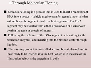 1.Through Molecular Cloning
■ Molecular cloning is a process that is used to insert a recombinant
DNA into a vector (vehicle used to transfer genetic material) that
will replicate the segment inside the host organism. The DNA
segment may be isolated from either a prokaryote or a eukaryote
bearing the gene or protein of interest.
■ Following the isolation of the DNA segment is its cutting (with
restriction enzymes) and inserting into the plasmid vector through
ligation.
■ The resulting product is now called a recombinant plasmid and is
now ready to be inserted into the host (which is in the case of the
illustration below is the bacterium E. coli).
 