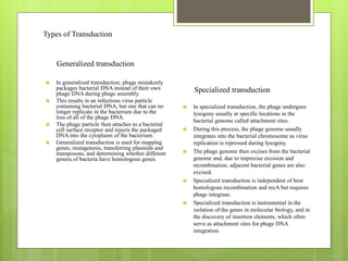 Types of Transduction
Generalized transduction
 In generalized transduction, phage mistakenly
packages bacterial DNA instead of their own
phage DNA during phage assembly.
 This results in an infectious virus particle
containing bacterial DNA, but one that can no
longer replicate in the bacterium due to the
loss of all of the phage DNA.
 The phage particle then attaches to a bacterial
cell surface receptor and injects the packaged
DNA into the cytoplasm of the bacterium.
 Generalized transduction is used for mapping
genes, mutagenesis, transferring plasmids and
transposons, and determining whether different
genera of bacteria have homologous genes.
Specialized transduction
 In specialized transduction, the phage undergoes
lysogeny usually at specific locations in the
bacterial genome called attachment sites.
 During this process, the phage genome usually
integrates into the bacterial chromosome as virus
replication is repressed during lysogeny.
 The phage genome then excises from the bacterial
genome and, due to imprecise excision and
recombination, adjacent bacterial genes are also
excised.
 Specialized transduction is independent of host
homologous recombination and recA but requires
phage integrase.
 Specialized transduction is instrumental in the
isolation of the genes in molecular biology, and in
the discovery of insertion elements, which often
serve as attachment sites for phage DNA
integration.
 