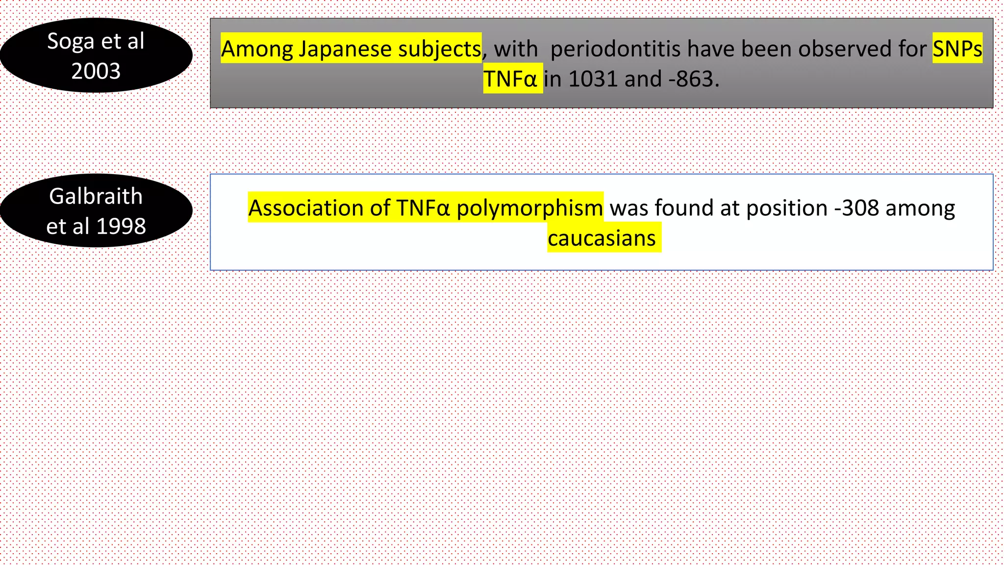 Soga et al
2003
Among Japanese subjects, with periodontitis have been observed for SNPs
TNFα in 1031 and -863.
Galbraith
et al 1998
Association of TNFα polymorphism was found at position -308 among
caucasians
 