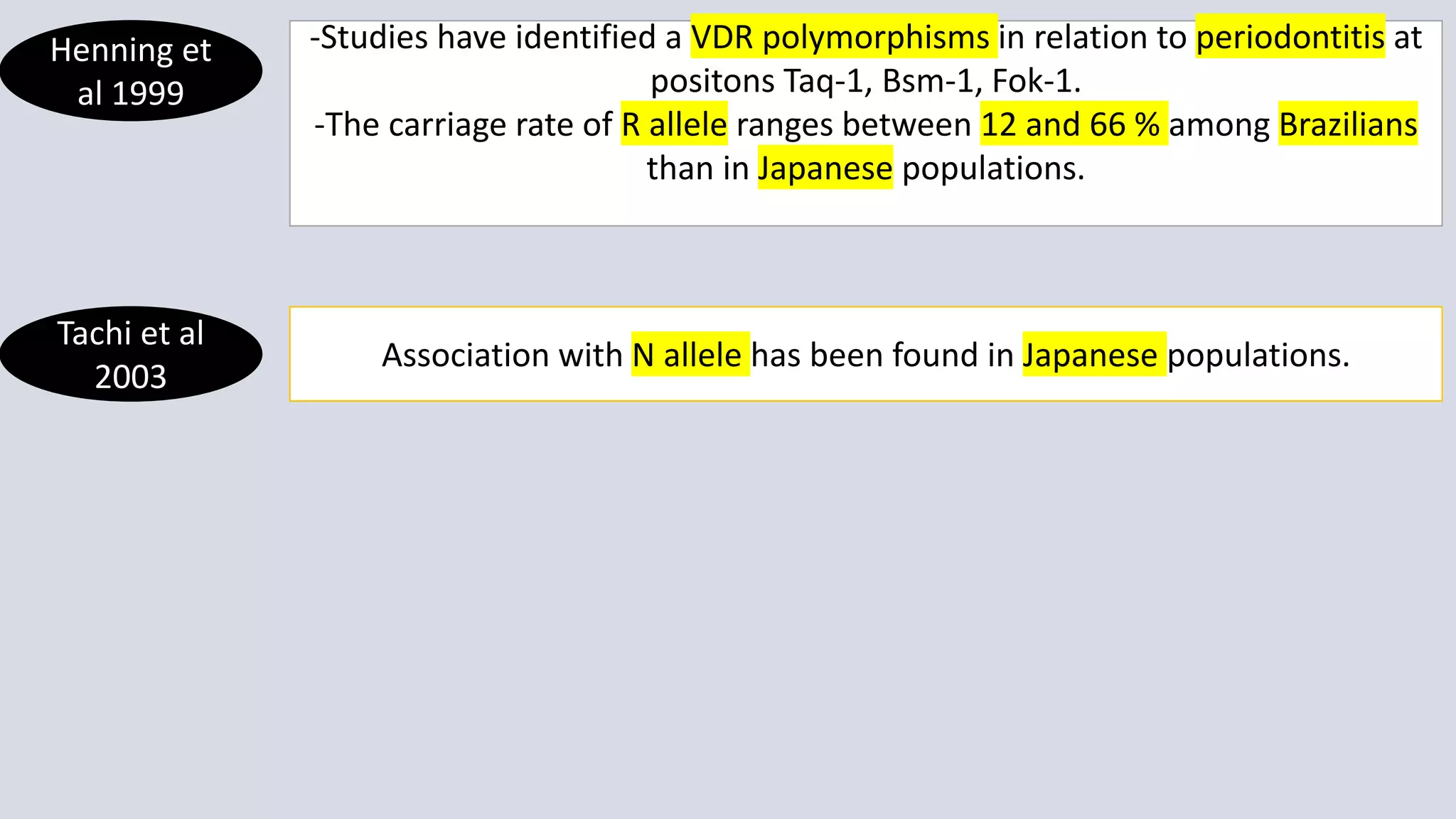 Henning et
al 1999
-Studies have identified a VDR polymorphisms in relation to periodontitis at
positons Taq-1, Bsm-1, Fok-1.
-The carriage rate of R allele ranges between 12 and 66 % among Brazilians
than in Japanese populations.
Tachi et al
2003
Association with N allele has been found in Japanese populations.
 