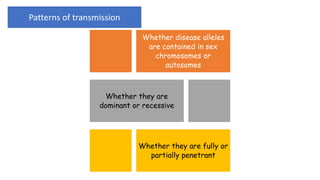 Patterns of transmission
Whether disease alleles
are contained in sex
chromosomes or
autosomes
Whether they are
dominant or recessive
Whether they are fully or
partially penetrant
 