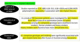 Late failures in implant dentistry
Rogers et al
2002 laine et
al 2006
Studies reported on IL1A -889, IL1B -511, IL1B +3954 and IL1RN VNTR
polymorphisms separately in association with late implant failures.
Feloutzis et al
2003
-In a study of 90 Caucasian patients were investigated for peri-implant
bone loss at time of re-examination [mean 5.6 years]
-28 patients carrying IL1 composite genotype were stratified in to non-
smokers , former smokers and heavy smokers
-Heavy smokers were found to have more annual bone loss.
Gruica et al
2004
IL1 composite genotype and smoking were significantly associated with
peri-implant bone loss after 8 years in function among Caucasians.
 