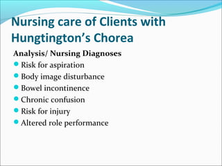 Nursing care of Clients with
Hungtington’s Chorea
Analysis/ Nursing Diagnoses
Risk for aspiration
Body image disturbance
Bowel incontinence
Chronic confusion
Risk for injury
Altered role performance
 