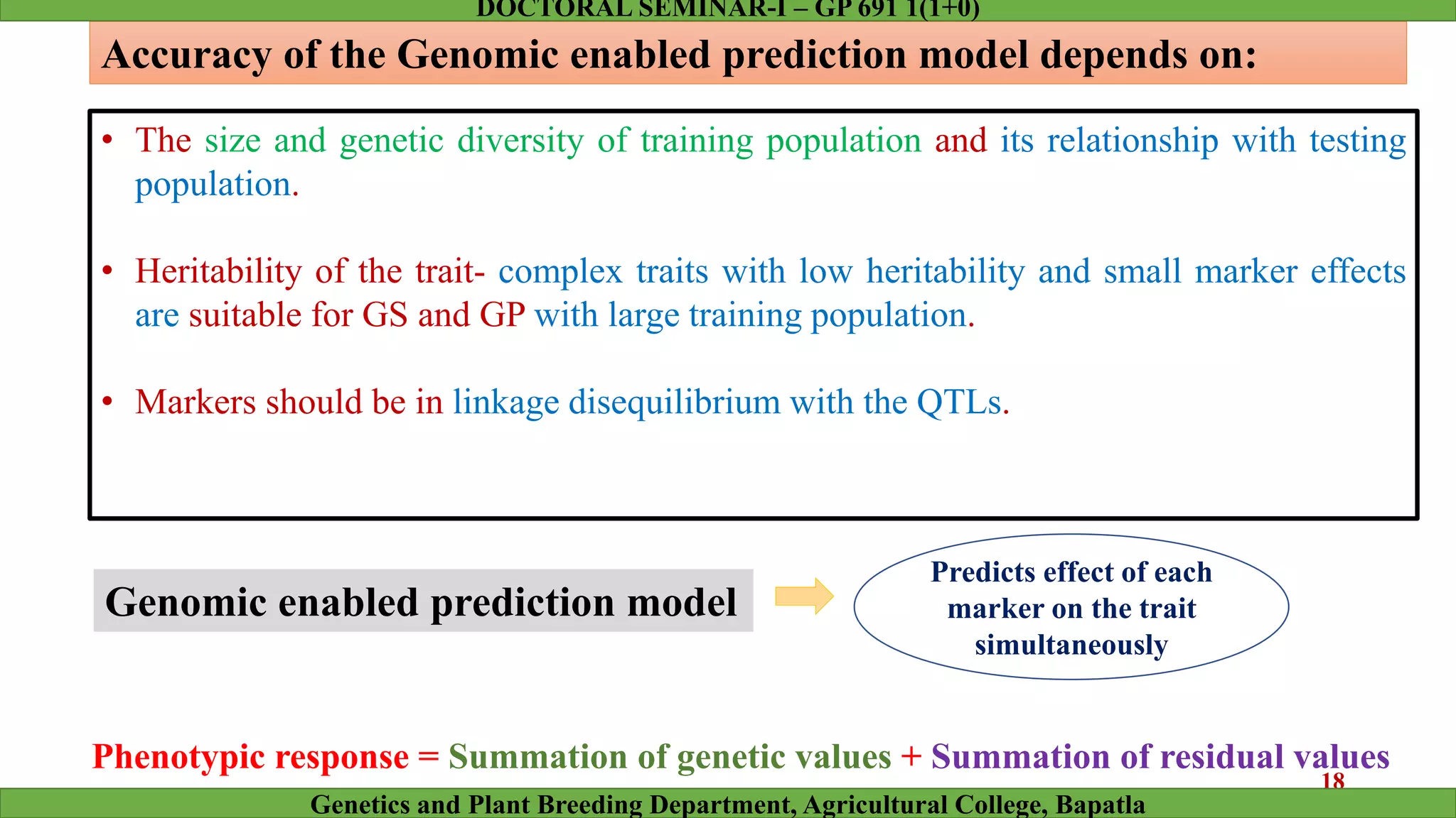 Accuracy of the Genomic enabled prediction model depends on:
• The size and genetic diversity of training population and its relationship with testing
population.
• Heritability of the trait- complex traits with low heritability and small marker effects
are suitable for GS and GP with large training population.
• Markers should be in linkage disequilibrium with the QTLs.
Genomic enabled prediction model
Phenotypic response = Summation of genetic values + Summation of residual values
Predicts effect of each
marker on the trait
simultaneously
18
Genetics and Plant Breeding Department, Agricultural College, Bapatla
DOCTORAL SEMINAR-I – GP 691 1(1+0)
 