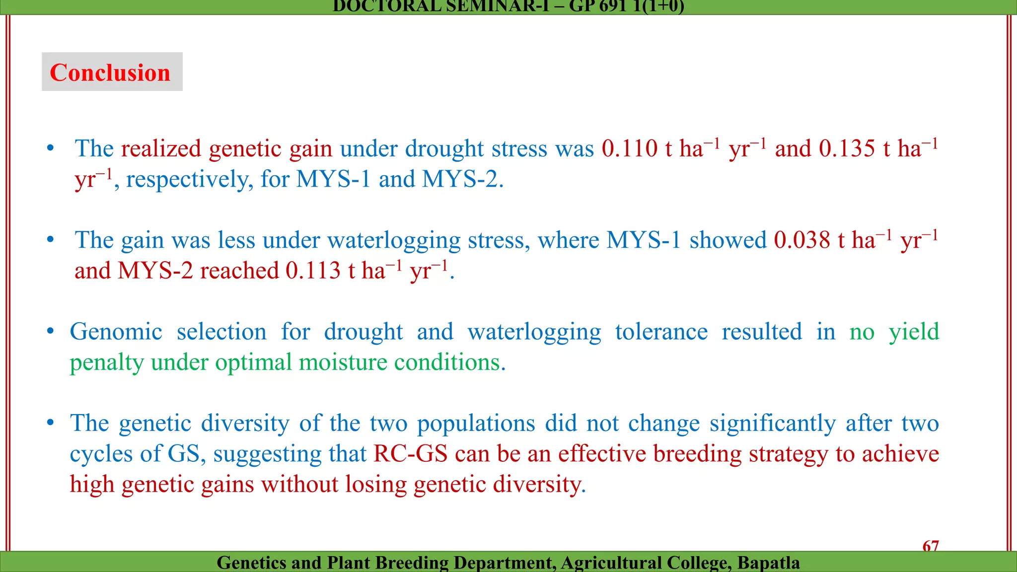 Conclusion
• The realized genetic gain under drought stress was 0.110 t ha−1 yr−1 and 0.135 t ha−1
yr−1, respectively, for MYS-1 and MYS-2.
• The gain was less under waterlogging stress, where MYS-1 showed 0.038 t ha−1 yr−1
and MYS-2 reached 0.113 t ha−1 yr−1.
• Genomic selection for drought and waterlogging tolerance resulted in no yield
penalty under optimal moisture conditions.
• The genetic diversity of the two populations did not change significantly after two
cycles of GS, suggesting that RC-GS can be an effective breeding strategy to achieve
high genetic gains without losing genetic diversity.
67
Genetics and Plant Breeding Department, Agricultural College, Bapatla
DOCTORAL SEMINAR-I – GP 691 1(1+0)
 