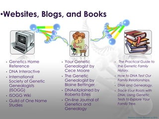 •Websites, Blogs, and Books

•
•
•

•
•

Genetics Home
Reference
DNA Interactive
International
Society of Genetic
Genealogists
(ISOGG)
ISOGG Wiki
Guild of One Name
Studies

•

•

•
•

Your Genetic
Genealogist by
Cece Moore
The Genetic
Genealogist by
Blaine Bettinger
DNAeXplained by
Roberta Estes
On-line Journal of
Genetics and
Genealogy

•

•

•
•

The Practical Guide to
the Genetic Family
History.
How to DNA Test Our
Family Relationships.
DNA and Genealogy.
Trace Your Roots with
DNA: Using Genetic
Tests to Explore Your
Family Tree.

Shannon Combs-Bennett (c) 2014

 