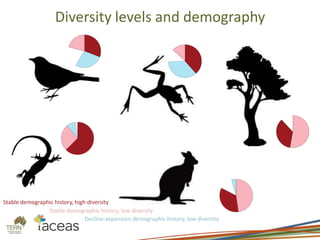 Diversity levels and demography
Stable demographic history, high diversity
Stable demographic history, low diversity
Decline-expansion demographic history, low diversity
 
