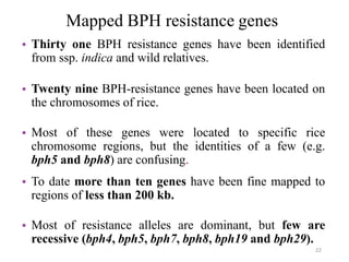 Mapped BPH resistance genes
• Thirty one BPH resistance genes have been identified
from ssp. indica and wild relatives.
• Twenty nine BPH-resistance genes have been located on
the chromosomes of rice.
• Most of these genes were located to specific rice
chromosome regions, but the identities of a few (e.g.
bph5 and bph8) are confusing.
• To date more than ten genes have been fine mapped to
regions of less than 200 kb.
• Most of resistance alleles are dominant, but few are
recessive (bph4, bph5, bph7, bph8, bph19 and bph29).
22
 