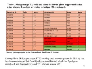 Table 4. Rice genotype ID, code and score for brown plant hopper resistance
using standard seedbox screening technique (28 genotypes).
31
Genotype ID Code Score Genotype ID Code Score
IR58025B 1B 8.3 IR73793B 30B 6.9
IR62829B 2B 7.3 IR68886B 36B 5.8
IR68888B 7B 5.5 IR79156B 40B 5.6
IR68892B 8B 6.1 IR80151B 41B 5.8
IR68897B 9B 7.9 IR80156B 44B 5.6
IR69628B 14B 6 IR65482-7-216-1-2B IR129 4.32
IR70369B 16B 6.7 IR73680-4-5-10-2-1-2 IR150 4.3
IR70959B 18B 6.6 IR71033-121-15 IR157 4.7
IR72078B 21B 8.5 IR73885-1-4-3-2-10 IR168 5.8
IR72080B 22B 8 MTU7029 SWARNA 9
IR72018B 24B 6.6 Thaichung native1 TN1 9
IR73320B 25B 6.8 Samba Mahsuri BPT5204 9
IR73327B 28B 6.7 Traditional variety PTB 33 1
IR73328B 29B 6.3 Landrace Pokkali 3
Among all the 28 rice genotypes, PTB33 widely used as donor parent for BPH by rice
breeders consisting of Bph2 and Bph3 genes and Pokkali which had Bph9 gene,
scored as 1 and 3 respectively, and TN1 showed a score of 9
Scoring system proposed by the International Rice Research Institute
 