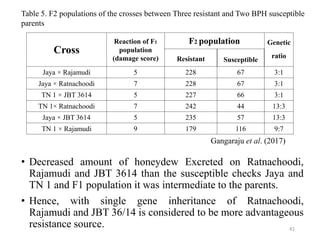 Cross
Reaction of F1
population
(damage score)
F2 population Genetic
ratioResistant Susceptible
Jaya × Rajamudi 5 228 67 3:1
Jaya × Ratnachoodi 7 228 67 3:1
TN 1 × JBT 3614 5 227 66 3:1
TN 1× Ratnachoodi 7 242 44 13:3
Jaya × JBT 3614 5 235 57 13:3
TN 1 × Rajamudi 9 179 116 9:7
41
Table 5. F2 populations of the crosses between Three resistant and Two BPH susceptible
parents
• Decreased amount of honeydew Excreted on Ratnachoodi,
Rajamudi and JBT 3614 than the susceptible checks Jaya and
TN 1 and F1 population it was intermediate to the parents.
• Hence, with single gene inheritance of Ratnachoodi,
Rajamudi and JBT 36/14 is considered to be more advantageous
resistance source.
Gangaraju et al. (2017)
 