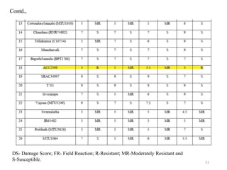 51
Contd.,
DS- Damage Score; FR- Field Reaction; R-Resistant; MR-Moderately Resistant and
S-Susceptible.
 