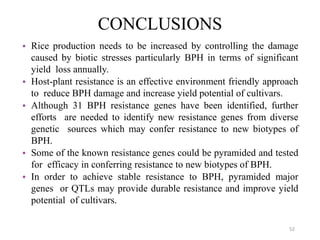CONCLUSIONS
• Rice production needs to be increased by controlling the damage
caused by biotic stresses particularly BPH in terms of significant
yield loss annually.
• Host-plant resistance is an effective environment friendly approach
to reduce BPH damage and increase yield potential of cultivars.
• Although 31 BPH resistance genes have been identified, further
efforts are needed to identify new resistance genes from diverse
genetic sources which may confer resistance to new biotypes of
BPH.
• Some of the known resistance genes could be pyramided and tested
for efficacy in conferring resistance to new biotypes of BPH.
• In order to achieve stable resistance to BPH, pyramided major
genes or QTLs may provide durable resistance and improve yield
potential of cultivars.
52
 