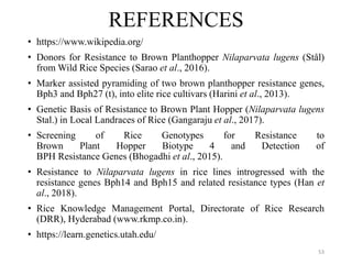 REFERENCES
• https://www.wikipedia.org/
• Donors for Resistance to Brown Planthopper Nilaparvata lugens (Stål)
from Wild Rice Species (Sarao et al., 2016).
• Marker assisted pyramiding of two brown planthopper resistance genes,
Bph3 and Bph27 (t), into elite rice cultivars (Harini et al., 2013).
• Genetic Basis of Resistance to Brown Plant Hopper (Nilaparvata lugens
Stal.) in Local Landraces of Rice (Gangaraju et al., 2017).
• Screening of Rice Genotypes for Resistance to
Brown Plant Hopper Biotype 4 and Detection of
BPH Resistance Genes (Bhogadhi et al., 2015).
• Resistance to Nilaparvata lugens in rice lines introgressed with the
resistance genes Bph14 and Bph15 and related resistance types (Han et
al., 2018).
• Rice Knowledge Management Portal, Directorate of Rice Research
(DRR), Hyderabad (www.rkmp.co.in).
• https://learn.genetics.utah.edu/
53
 