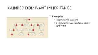 X-LINKED DOMINANT INHERITANCE
• Examples
• Incontinentia pigmenti
• X – linked form of oro-facial-digital
syndrome
 