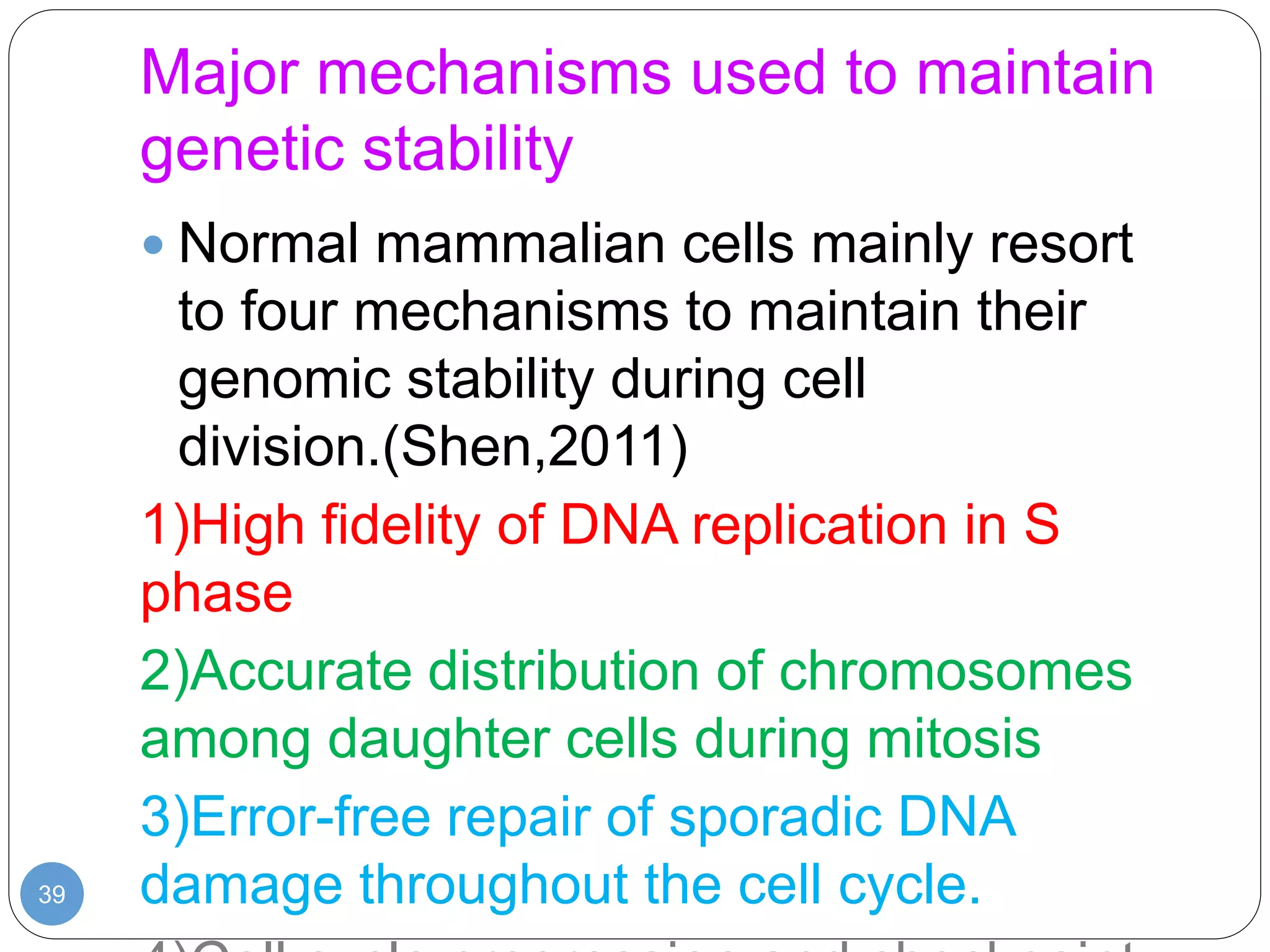 Major mechanisms used to maintain
genetic stability
39
 Normal mammalian cells mainly resort
to four mechanisms to maintain their
genomic stability during cell
division.(Shen,2011)
1)High fidelity of DNA replication in S
phase
2)Accurate distribution of chromosomes
among daughter cells during mitosis
3)Error-free repair of sporadic DNA
damage throughout the cell cycle.
 