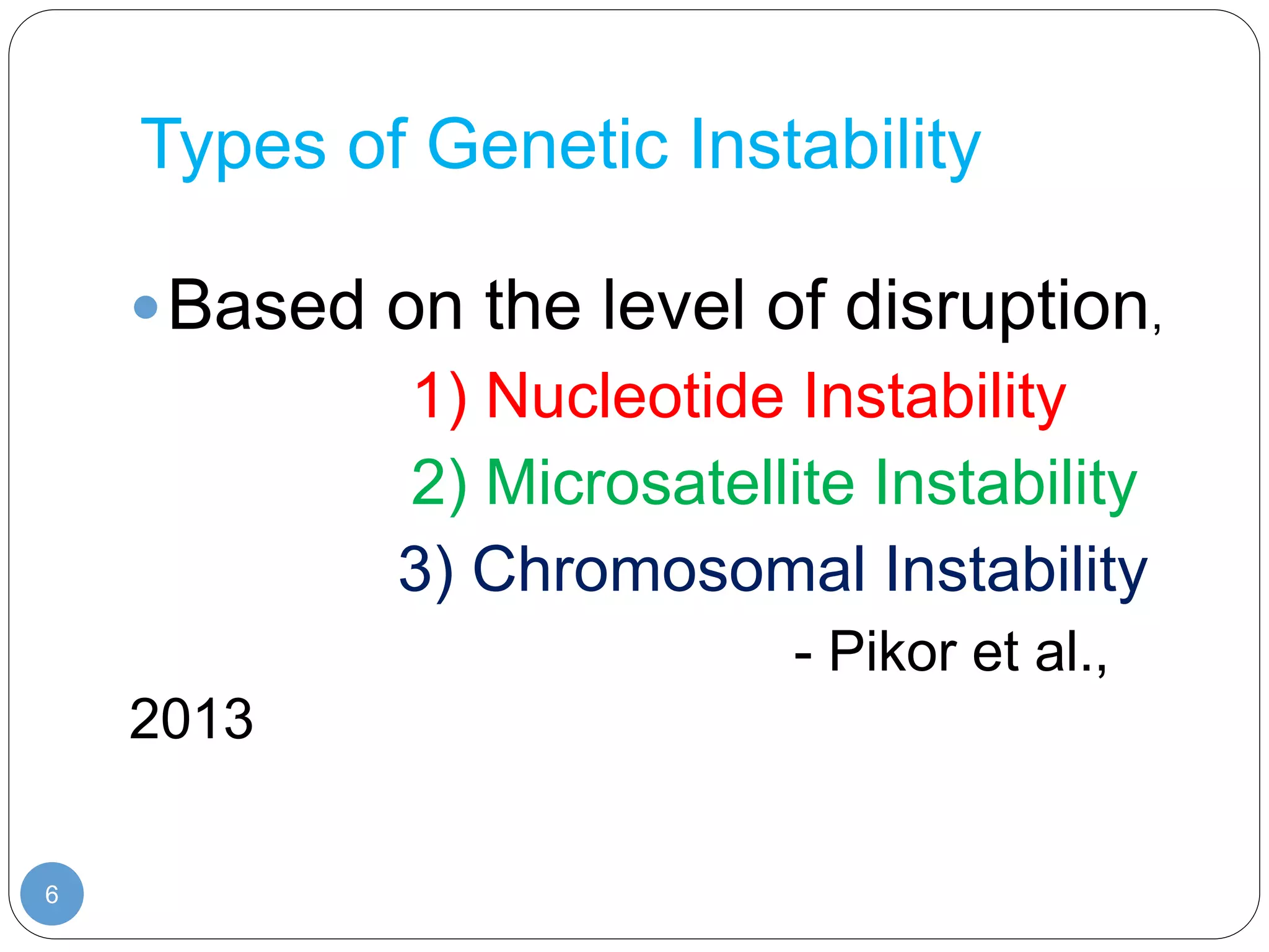 Types of Genetic Instability
6
Based on the level of disruption,
1) Nucleotide Instability
2) Microsatellite Instability
3) Chromosomal Instability
- Pikor et al.,
2013
 