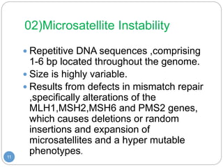 02)Microsatellite Instability
11
 Repetitive DNA sequences ,comprising
1-6 bp located throughout the genome.
 Size is hi...