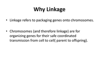Why Linkage
• Linkage refers to packaging genes onto chromosomes.
• Chromosomes (and therefore linkage) are for
organizing genes for their safe coordinated
transmission from cell to cell( parent to offspring).
 