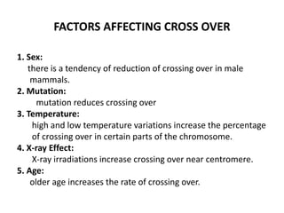 FACTORS AFFECTING CROSS OVER
1. Sex:
there is a tendency of reduction of crossing over in male
mammals.
2. Mutation:
mutation reduces crossing over
3. Temperature:
high and low temperature variations increase the percentage
of crossing over in certain parts of the chromosome.
4. X-ray Effect:
X-ray irradiations increase crossing over near centromere.
5. Age:
older age increases the rate of crossing over.
 