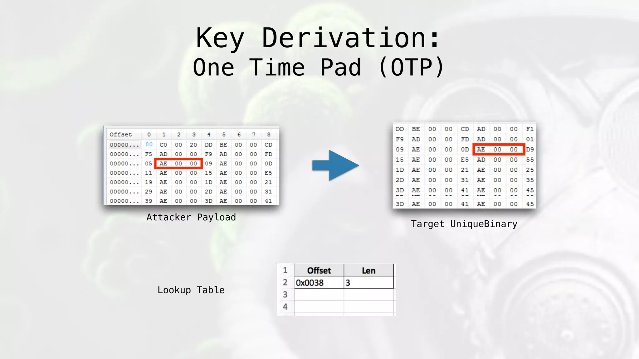 Attacker Payload
Target UniqueBinary
Lookup Table
Key Derivation:
One Time Pad (OTP)
 