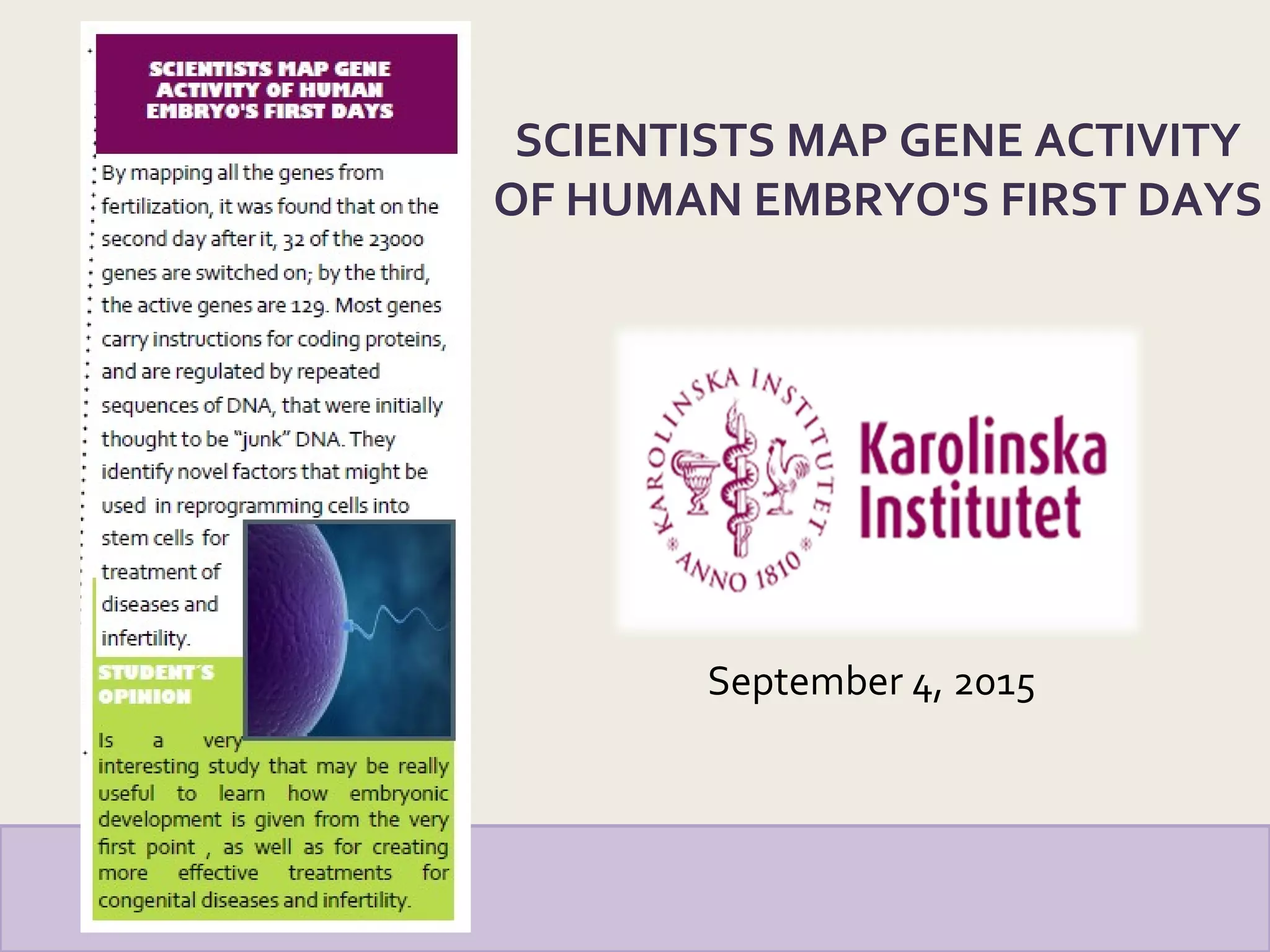 September 4, 2015
SCIENTISTS MAP GENE ACTIVITY
OF HUMAN EMBRYO'S FIRST DAYS
 
 